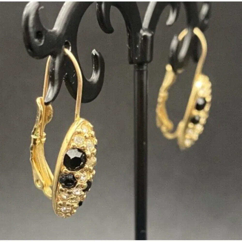 Vintage Swarovski for Avon Earrings Black Crystal Pave Gold Plated Drop Pierced - Picture 6 of 10